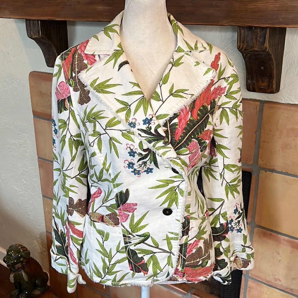 Spirit by Coldwater Creek Linen Tropical Floral Two-Button Blazer, 4!